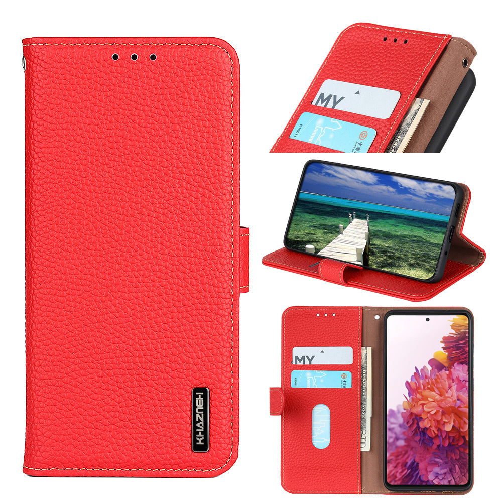 KHAZNEH Litchi Texture Top Layer Genuine Leather Wallet Stand Phone Case Shell for Oppo A16/A16s/A54s