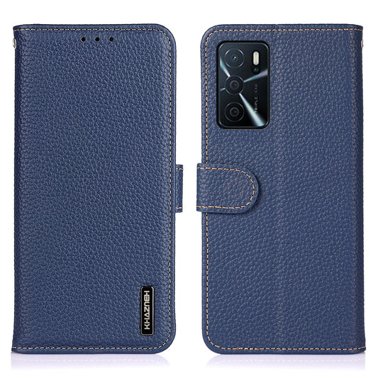 KHAZNEH Litchi Texture Top Layer Genuine Leather Wallet Stand Phone Case Shell for Oppo A16/A16s/A54s