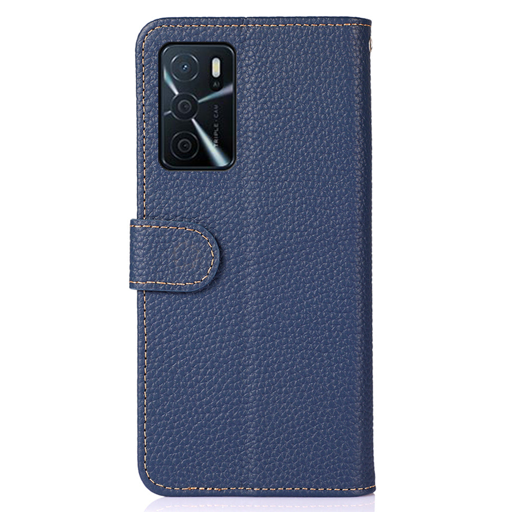 KHAZNEH Litchi Texture Top Layer Genuine Leather Wallet Stand Phone Case Shell for Oppo A16/A16s/A54s