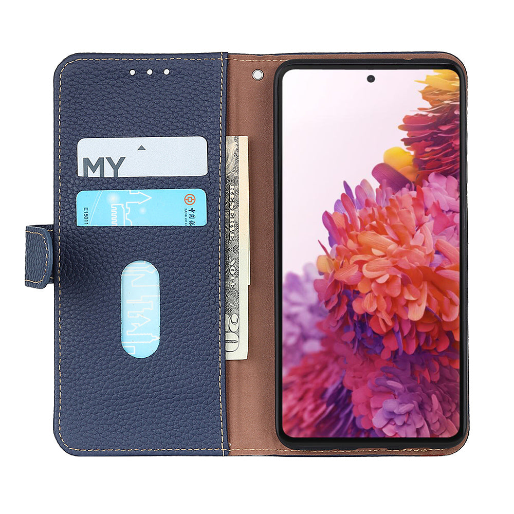 KHAZNEH Litchi Texture Top Layer Genuine Leather Wallet Stand Phone Case Shell for Oppo A16/A16s/A54s