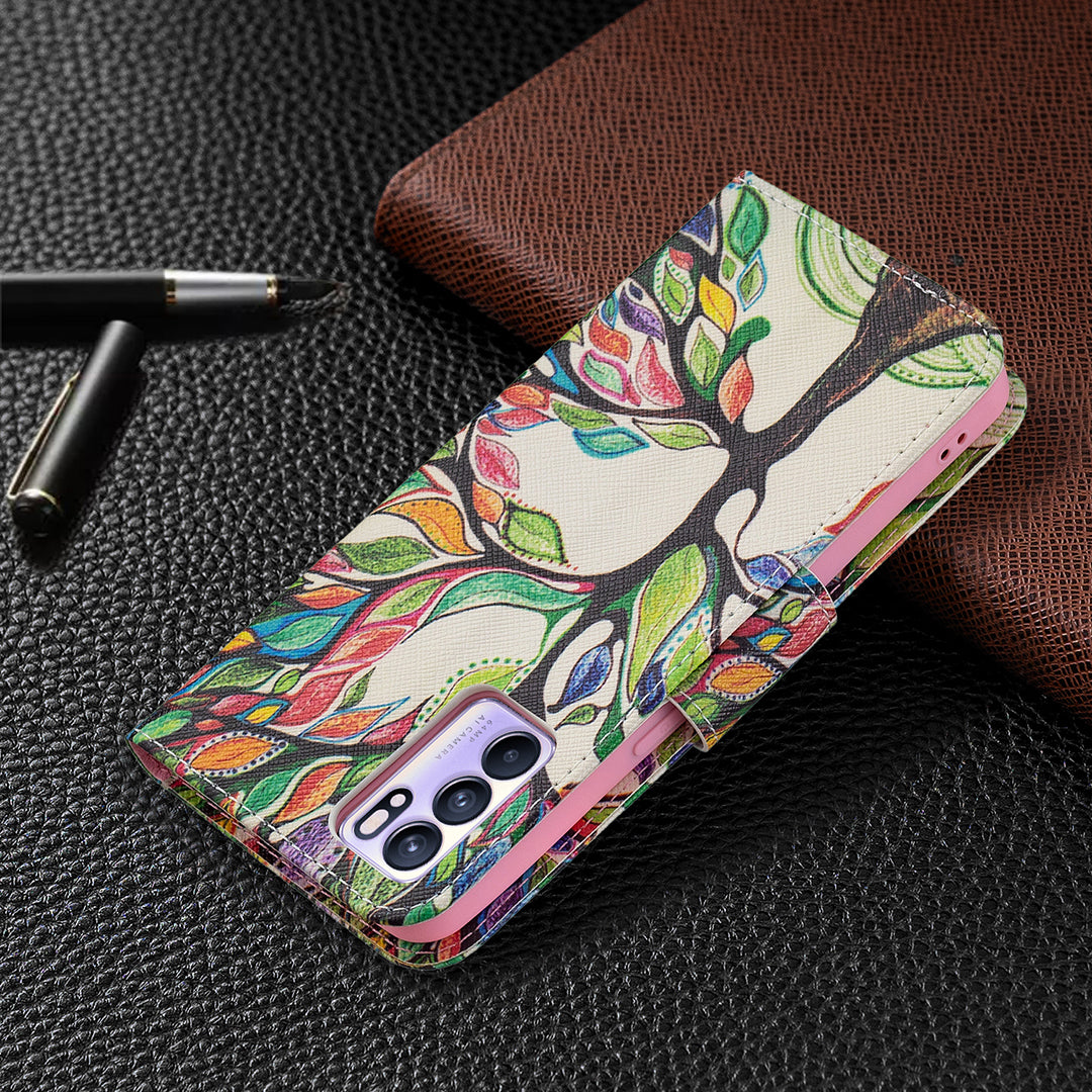 Pattern Printing Drop-Resistant Magnetic Leather Wallet Case with Stand for Oppo Reno6 5G