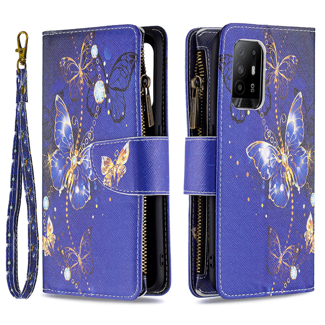 Dual-Sided Magnetic Clasp Zippered Wallet Design BF03 Leather Stand Phone Cover with Vivid Pattern Printing for Oppo Reno5 Z 5G/F19 Pro+ 5G/A94 5G