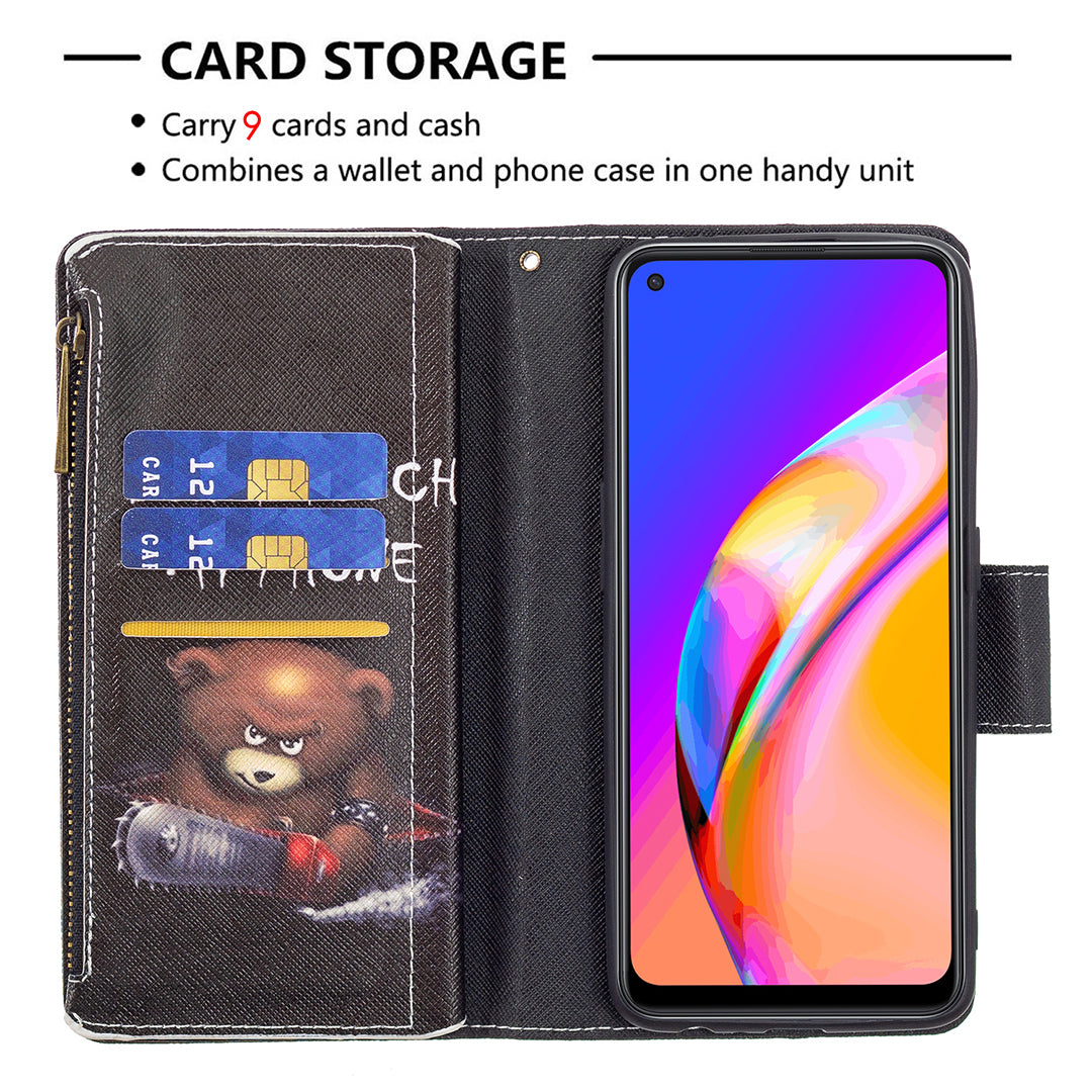 Dual-Sided Magnetic Clasp Zippered Wallet Design BF03 Leather Stand Phone Cover with Vivid Pattern Printing for Oppo Reno5 Z 5G/F19 Pro+ 5G/A94 5G