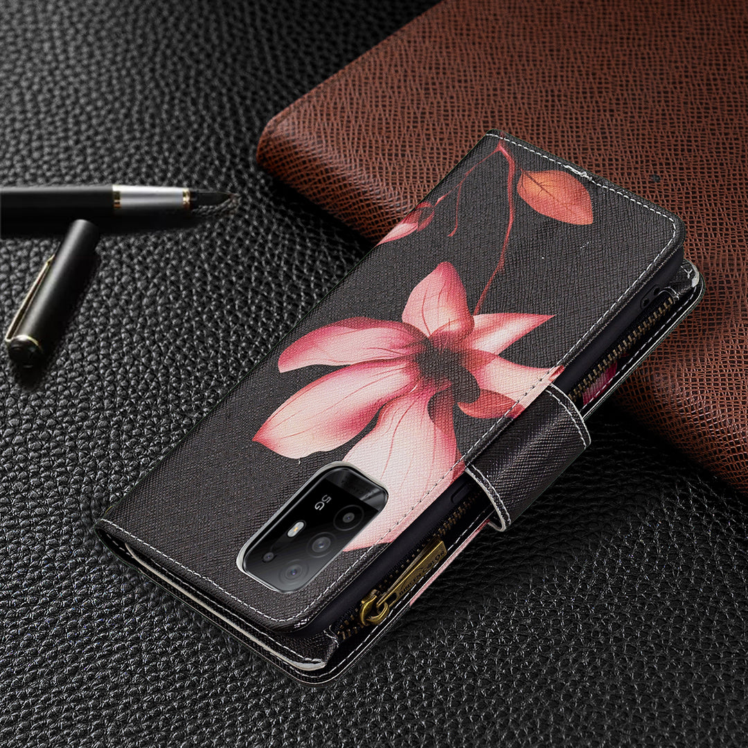 Dual-Sided Magnetic Clasp Zippered Wallet Design BF03 Leather Stand Phone Cover with Vivid Pattern Printing for Oppo Reno5 Z 5G/F19 Pro+ 5G/A94 5G