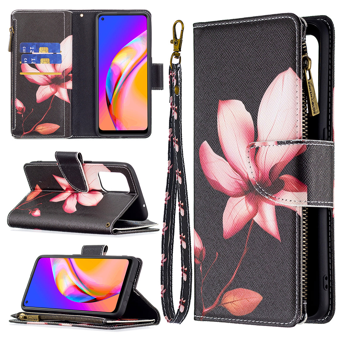 Dual-Sided Magnetic Clasp Zippered Wallet Design BF03 Leather Stand Phone Cover with Vivid Pattern Printing for Oppo Reno5 Z 5G/F19 Pro+ 5G/A94 5G