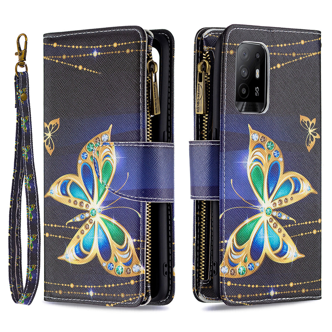 Dual-Sided Magnetic Clasp Zippered Wallet Design BF03 Leather Stand Phone Cover with Vivid Pattern Printing for Oppo Reno5 Z 5G/F19 Pro+ 5G/A94 5G