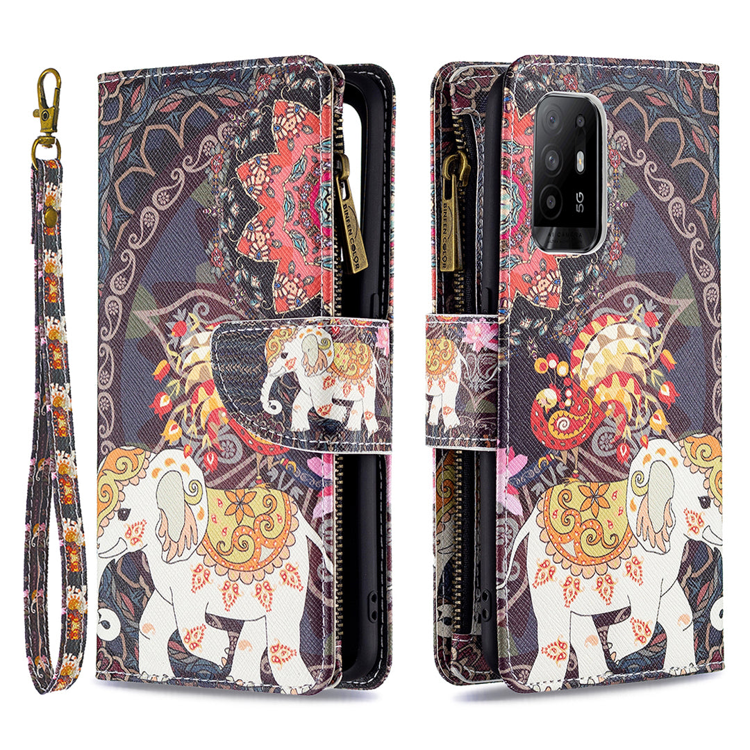 Dual-Sided Magnetic Clasp Zippered Wallet Design BF03 Leather Stand Phone Cover with Vivid Pattern Printing for Oppo Reno5 Z 5G/F19 Pro+ 5G/A94 5G