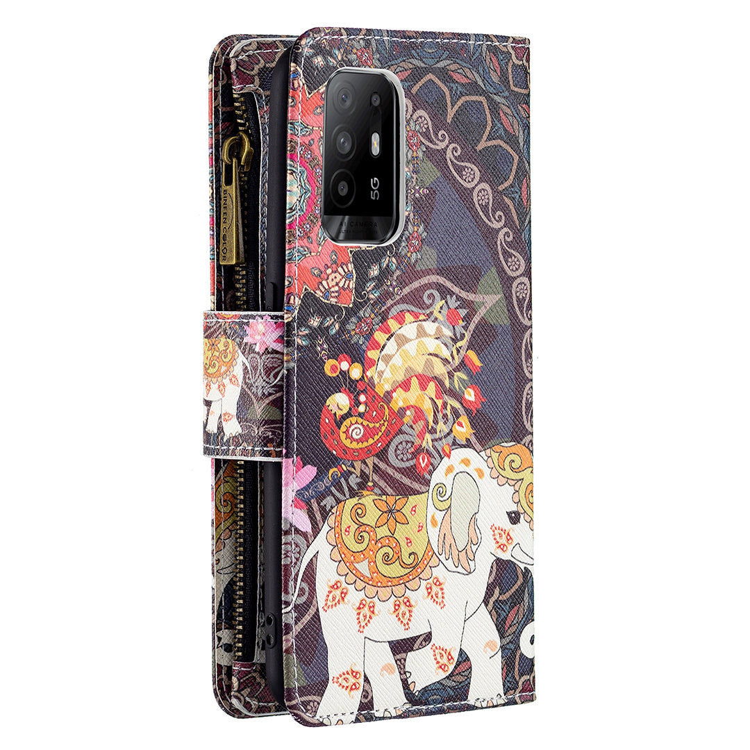 Dual-Sided Magnetic Clasp Zippered Wallet Design BF03 Leather Stand Phone Cover with Vivid Pattern Printing for Oppo Reno5 Z 5G/F19 Pro+ 5G/A94 5G