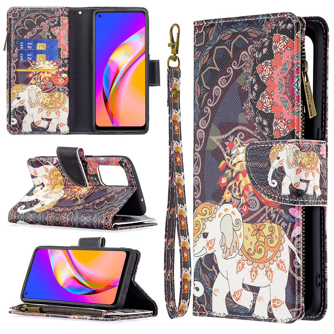 Dual-Sided Magnetic Clasp Zippered Wallet Design BF03 Leather Stand Phone Cover with Vivid Pattern Printing for Oppo Reno5 Z 5G/F19 Pro+ 5G/A94 5G