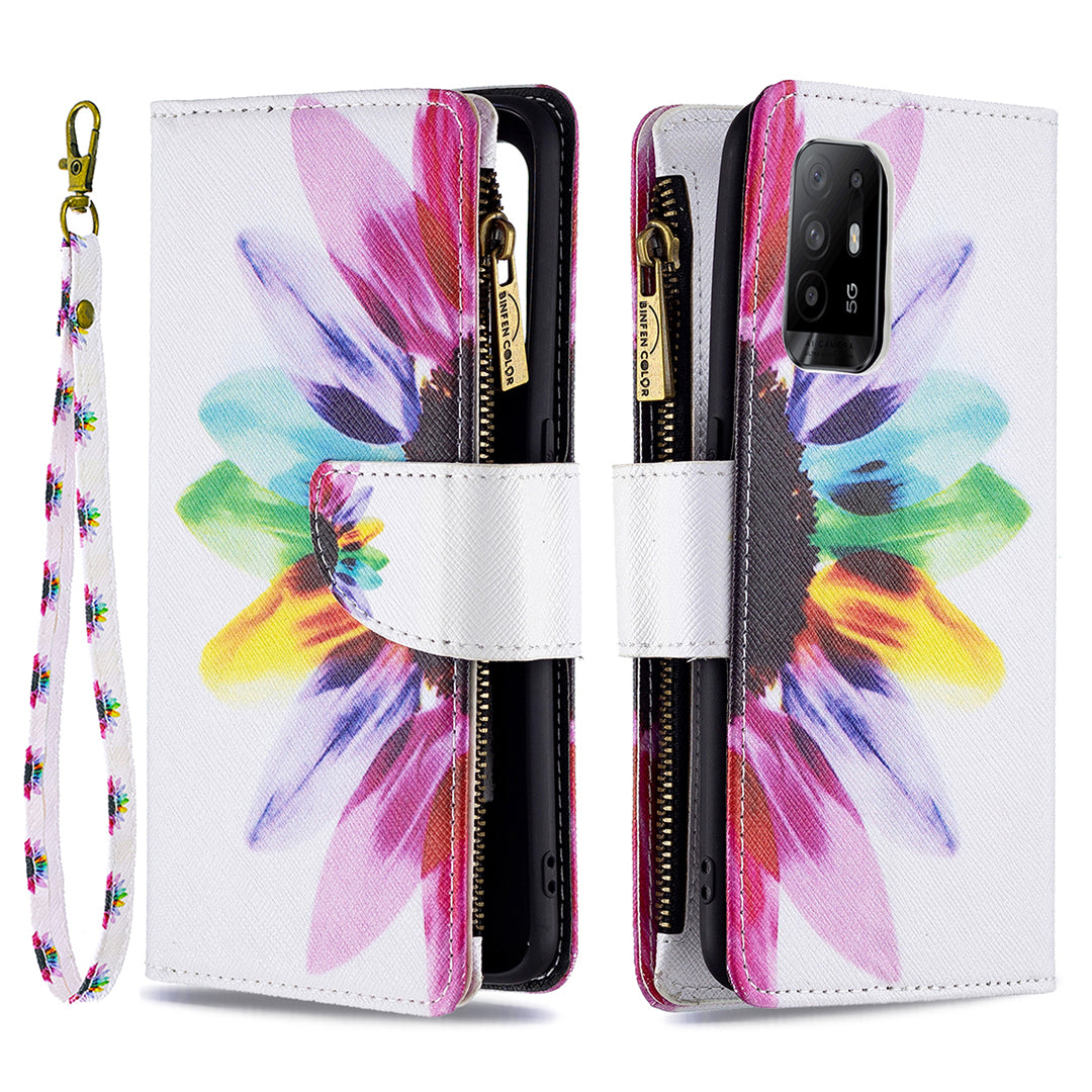 Dual-Sided Magnetic Clasp Zippered Wallet Design BF03 Leather Stand Phone Cover with Vivid Pattern Printing for Oppo Reno5 Z 5G/F19 Pro+ 5G/A94 5G