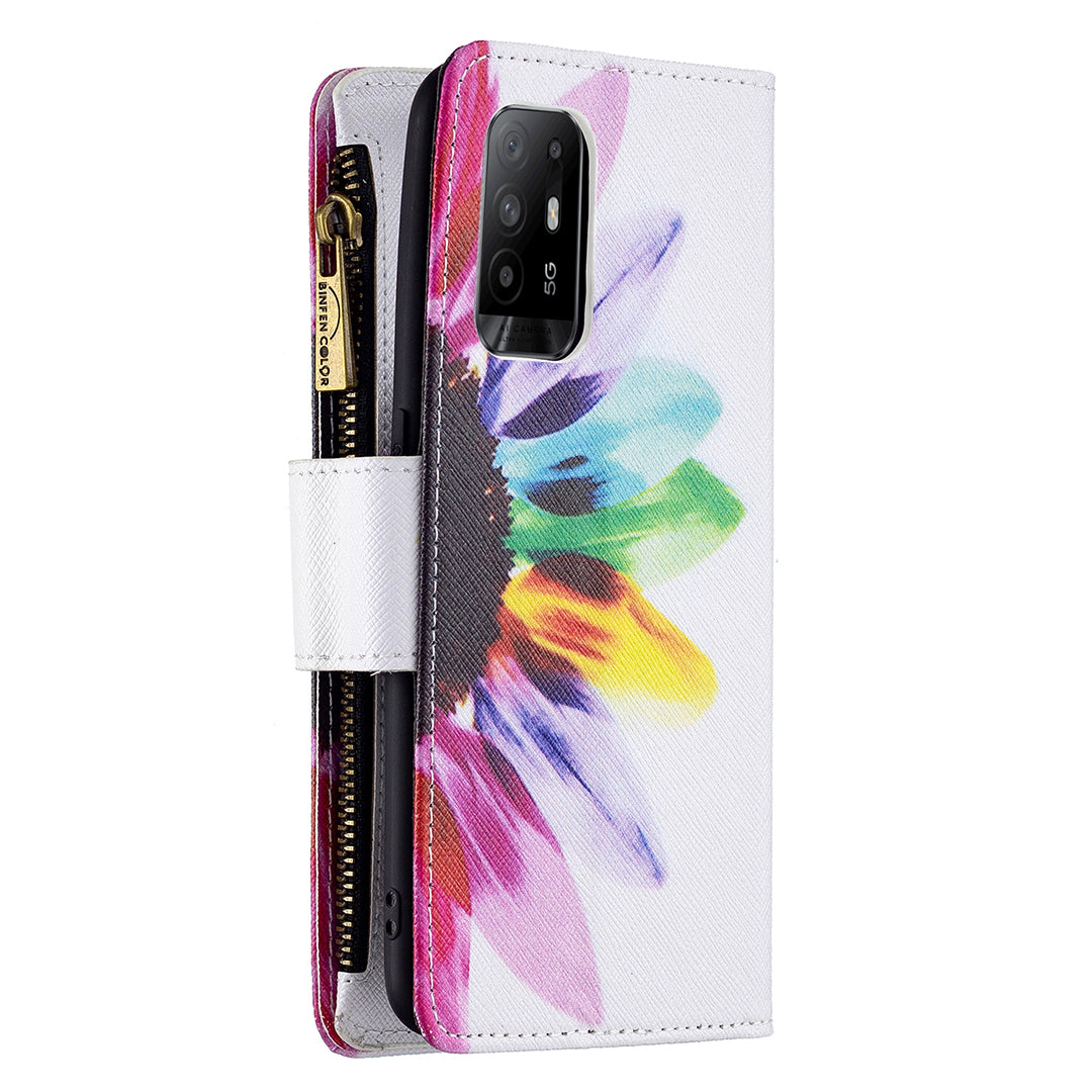 Dual-Sided Magnetic Clasp Zippered Wallet Design BF03 Leather Stand Phone Cover with Vivid Pattern Printing for Oppo Reno5 Z 5G/F19 Pro+ 5G/A94 5G