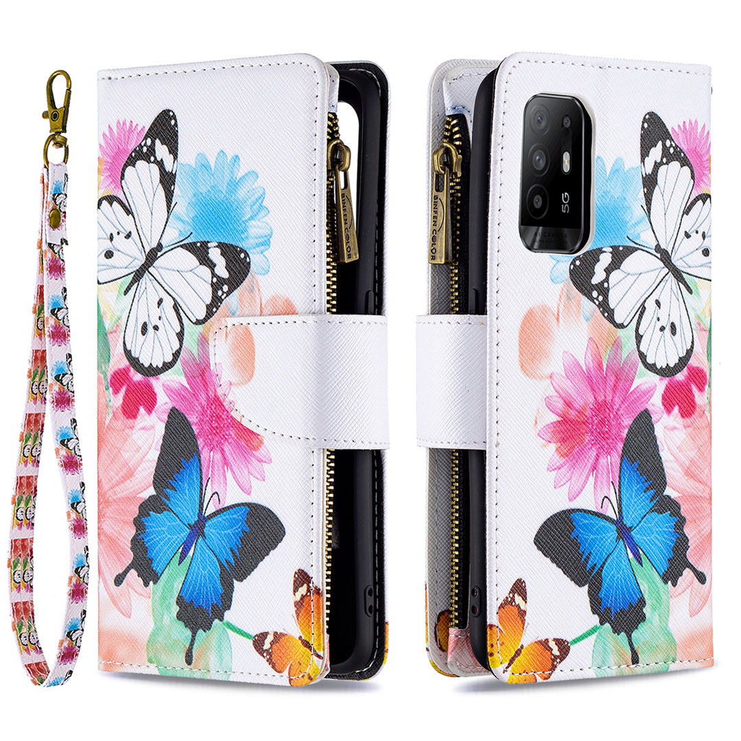 Dual-Sided Magnetic Clasp Zippered Wallet Design BF03 Leather Stand Phone Cover with Vivid Pattern Printing for Oppo Reno5 Z 5G/F19 Pro+ 5G/A94 5G