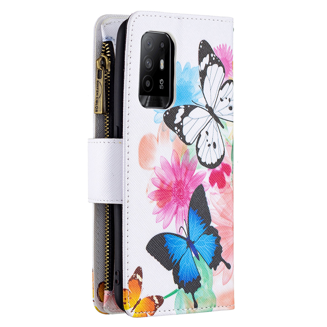 Dual-Sided Magnetic Clasp Zippered Wallet Design BF03 Leather Stand Phone Cover with Vivid Pattern Printing for Oppo Reno5 Z 5G/F19 Pro+ 5G/A94 5G