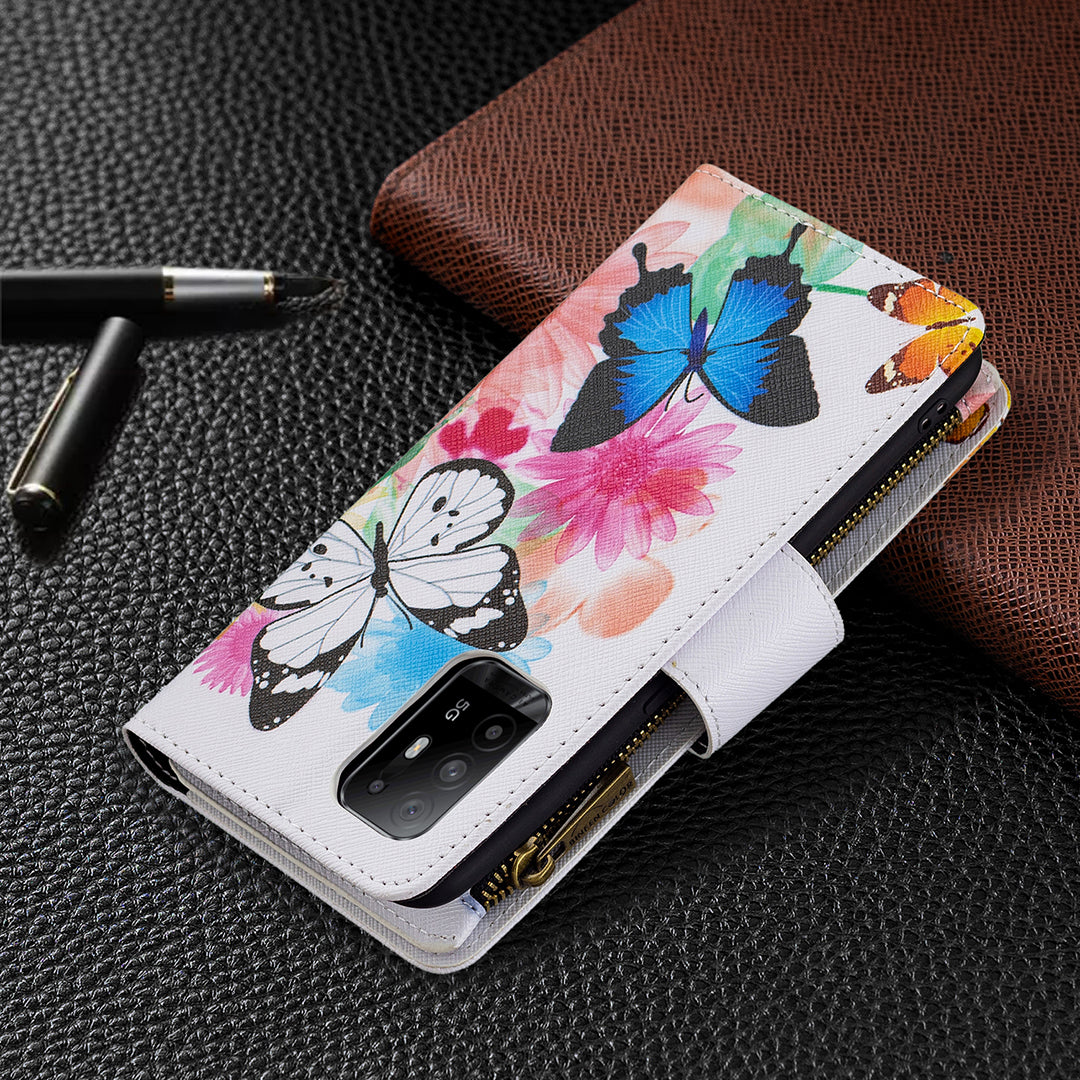 Dual-Sided Magnetic Clasp Zippered Wallet Design BF03 Leather Stand Phone Cover with Vivid Pattern Printing for Oppo Reno5 Z 5G/F19 Pro+ 5G/A94 5G