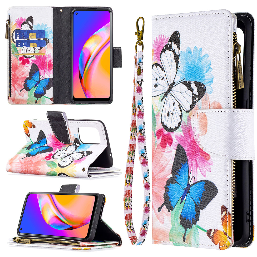 Dual-Sided Magnetic Clasp Zippered Wallet Design BF03 Leather Stand Phone Cover with Vivid Pattern Printing for Oppo Reno5 Z 5G/F19 Pro+ 5G/A94 5G