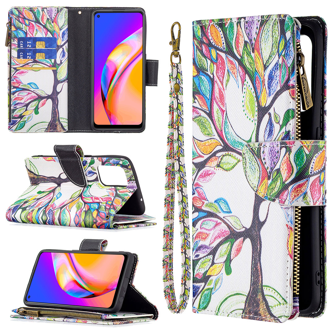 Dual-Sided Magnetic Clasp Zippered Wallet Design BF03 Leather Stand Phone Cover with Vivid Pattern Printing for Oppo Reno5 Z 5G/F19 Pro+ 5G/A94 5G