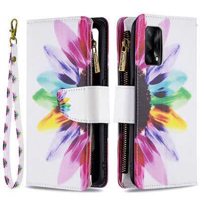 BF03 Zippered Wallet Design Pattern Printing Leather Stand Phone Cover with Wrist Strap for Oppo A74 4G/F19 4G