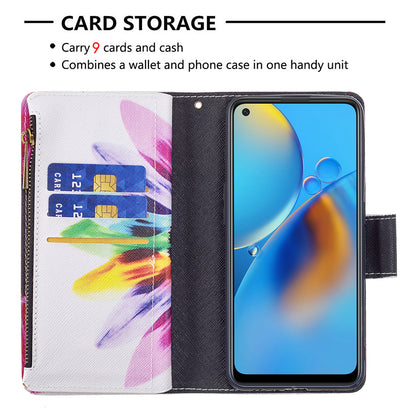 BF03 Zippered Wallet Design Pattern Printing Leather Stand Phone Cover with Wrist Strap for Oppo A74 4G/F19 4G