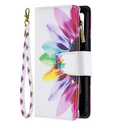 BF03 Zippered Wallet Design Pattern Printing Leather Stand Phone Cover with Wrist Strap for Oppo A74 4G/F19 4G