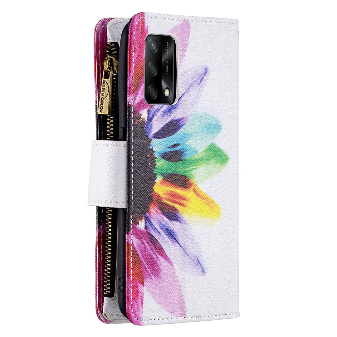 BF03 Zippered Wallet Design Pattern Printing Leather Stand Phone Cover with Wrist Strap for Oppo A74 4G/F19 4G