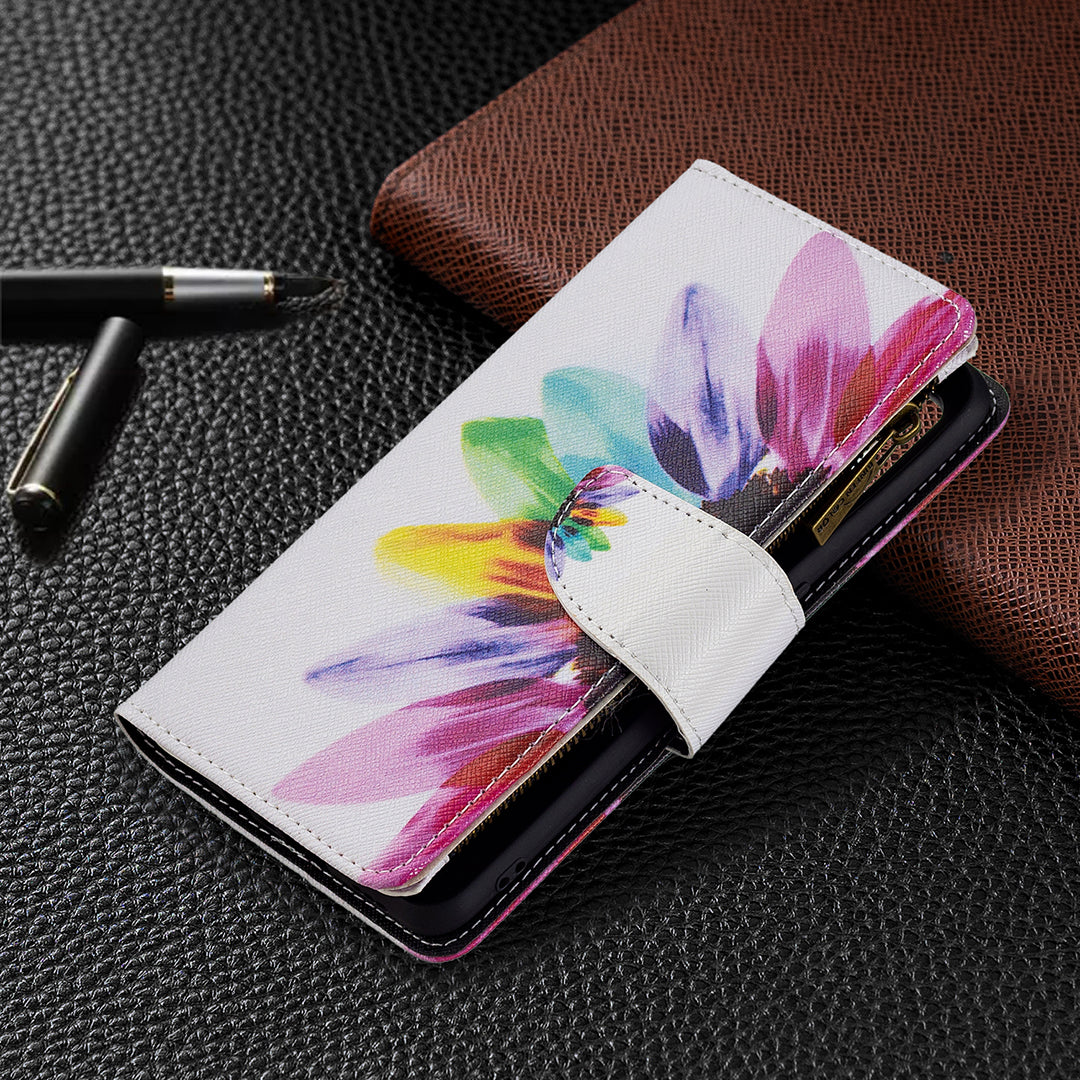 BF03 Zippered Wallet Design Pattern Printing Leather Stand Phone Cover with Wrist Strap for Oppo A74 4G/F19 4G