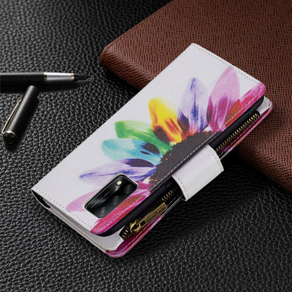 BF03 Zippered Wallet Design Pattern Printing Leather Stand Phone Cover with Wrist Strap for Oppo A74 4G/F19 4G