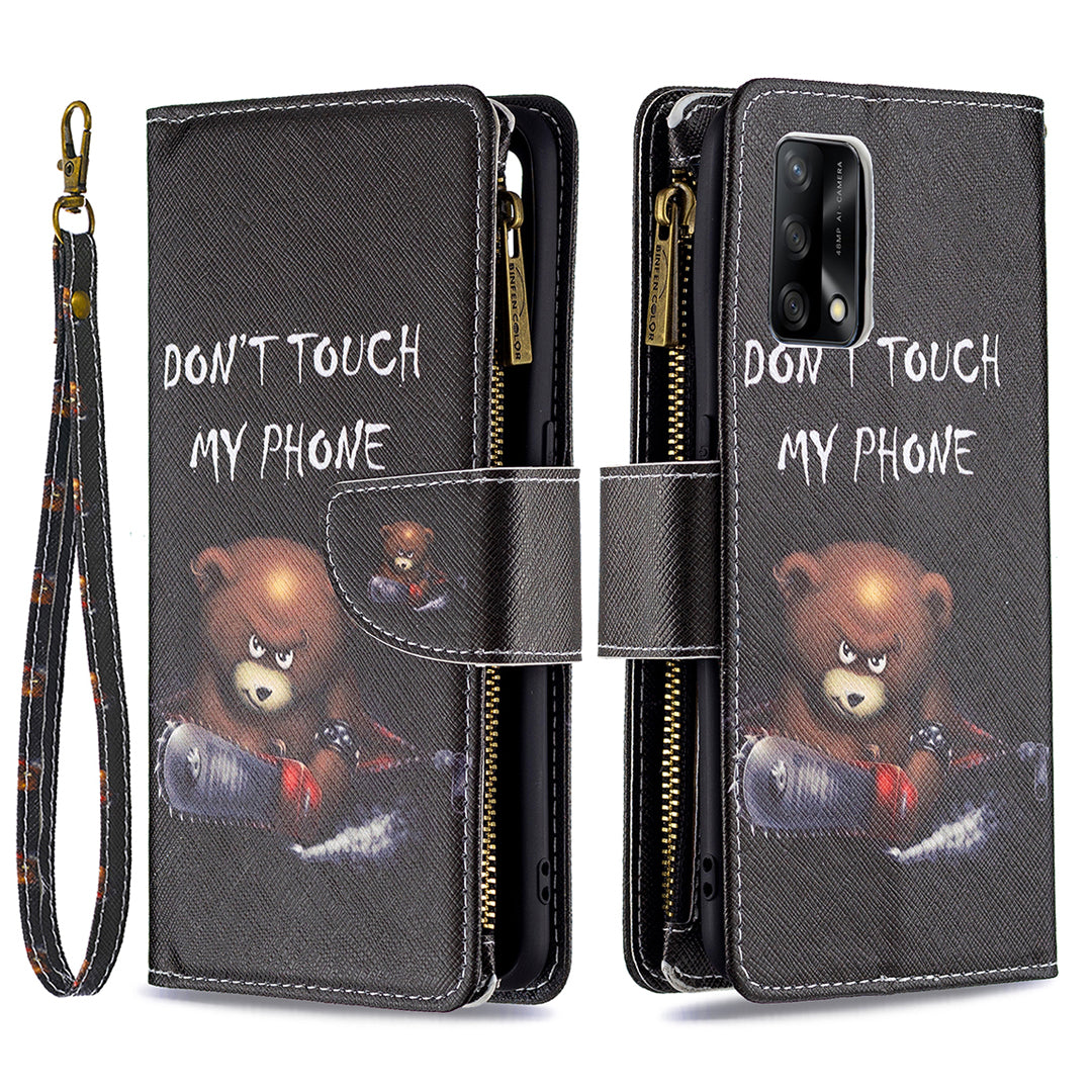 BF03 Zippered Wallet Design Pattern Printing Leather Stand Phone Cover with Wrist Strap for Oppo A74 4G/F19 4G