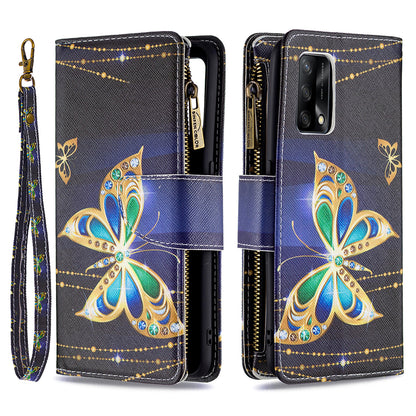 BF03 Zippered Wallet Design Pattern Printing Leather Stand Phone Cover with Wrist Strap for Oppo A74 4G/F19 4G