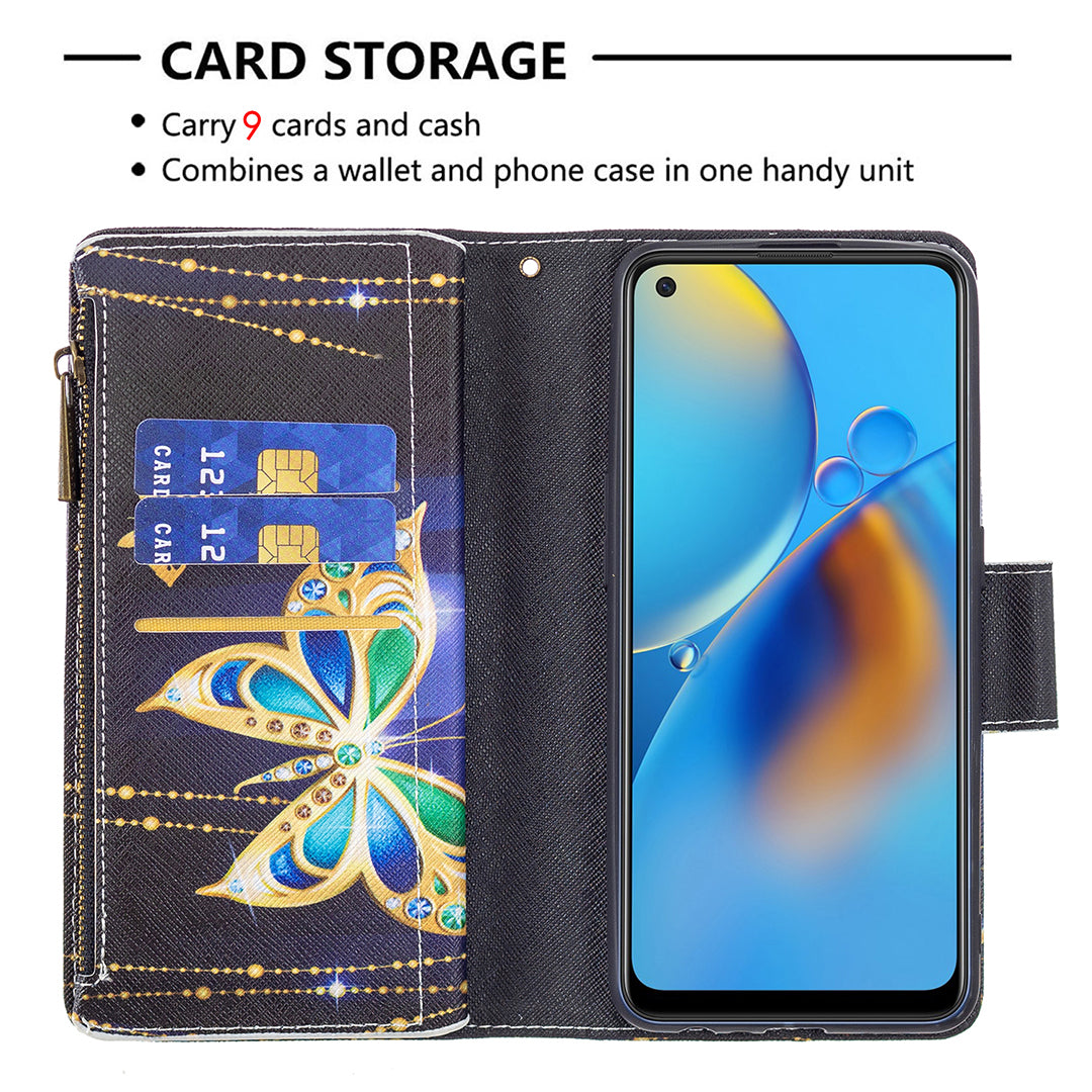 BF03 Zippered Wallet Design Pattern Printing Leather Stand Phone Cover with Wrist Strap for Oppo A74 4G/F19 4G