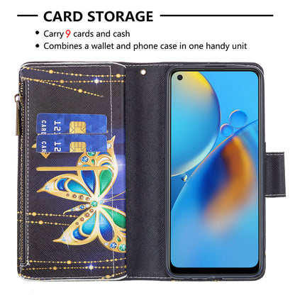 BF03 Zippered Wallet Design Pattern Printing Leather Stand Phone Cover with Wrist Strap for Oppo A74 4G/F19 4G