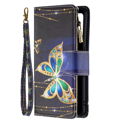 BF03 Zippered Wallet Design Pattern Printing Leather Stand Phone Cover with Wrist Strap for Oppo A74 4G/F19 4G