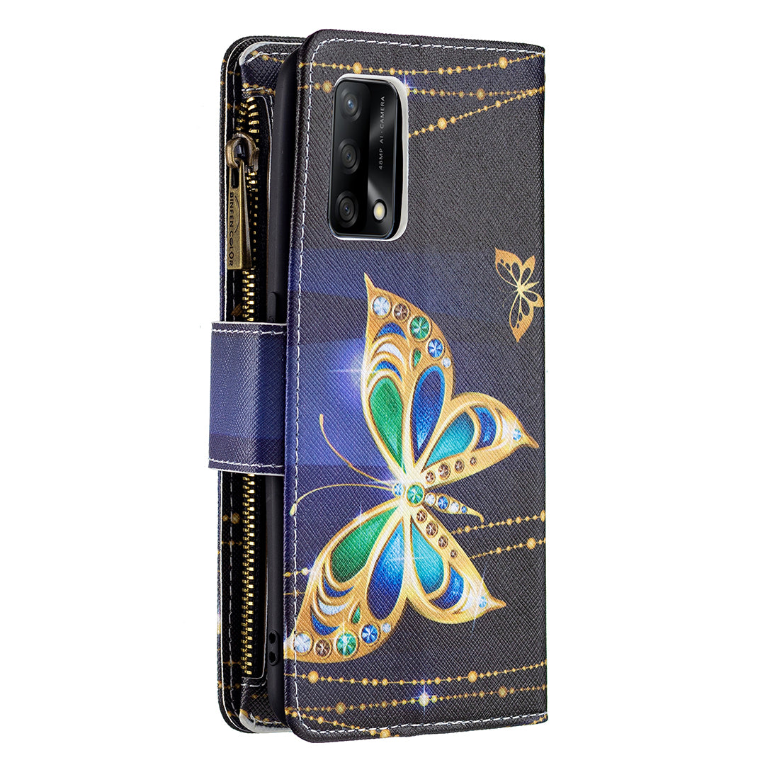 BF03 Zippered Wallet Design Pattern Printing Leather Stand Phone Cover with Wrist Strap for Oppo A74 4G/F19 4G