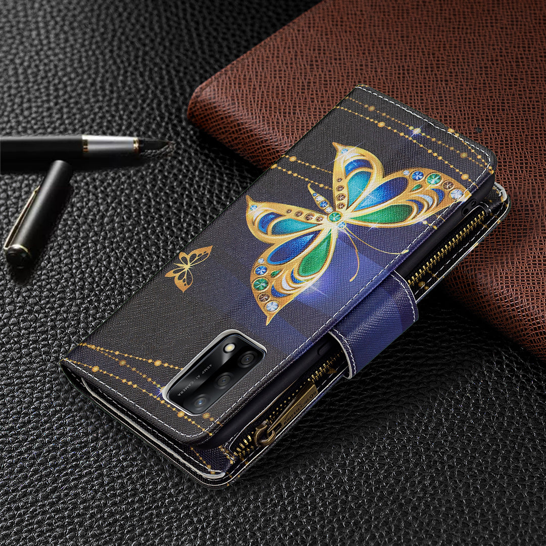 BF03 Zippered Wallet Design Pattern Printing Leather Stand Phone Cover with Wrist Strap for Oppo A74 4G/F19 4G