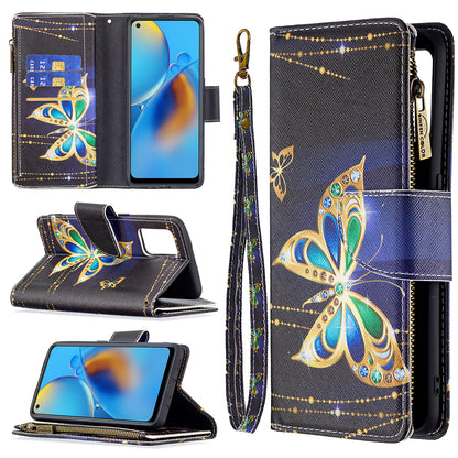 BF03 Zippered Wallet Design Pattern Printing Leather Stand Phone Cover with Wrist Strap for Oppo A74 4G/F19 4G