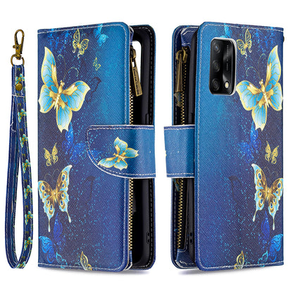 BF03 Zippered Wallet Design Pattern Printing Leather Stand Phone Cover with Wrist Strap for Oppo A74 4G/F19 4G