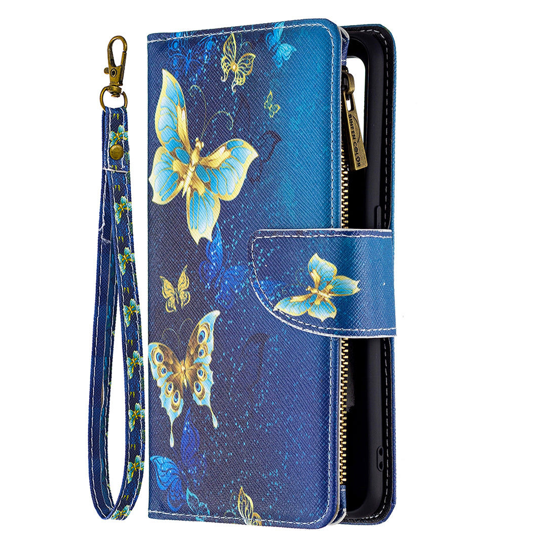 BF03 Zippered Wallet Design Pattern Printing Leather Stand Phone Cover with Wrist Strap for Oppo A74 4G/F19 4G