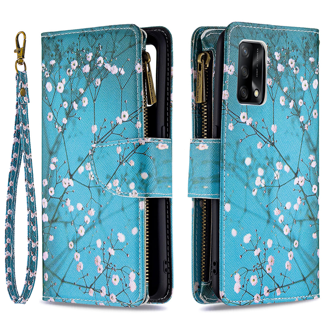 BF03 Zippered Wallet Design Pattern Printing Leather Stand Phone Cover with Wrist Strap for Oppo A74 4G/F19 4G