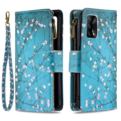 BF03 Zippered Wallet Design Pattern Printing Leather Stand Phone Cover with Wrist Strap for Oppo A74 4G/F19 4G