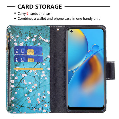 BF03 Zippered Wallet Design Pattern Printing Leather Stand Phone Cover with Wrist Strap for Oppo A74 4G/F19 4G