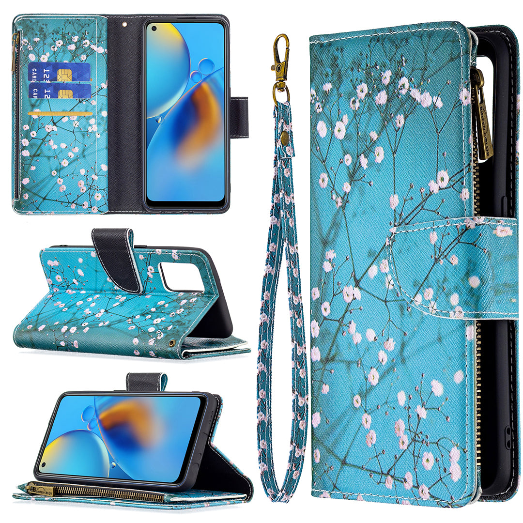 BF03 Zippered Wallet Design Pattern Printing Leather Stand Phone Cover with Wrist Strap for Oppo A74 4G/F19 4G