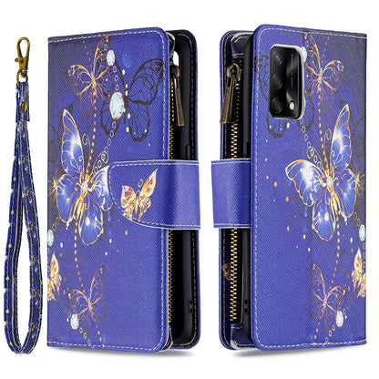 BF03 Zippered Wallet Design Pattern Printing Leather Stand Phone Cover with Wrist Strap for Oppo A74 4G/F19 4G