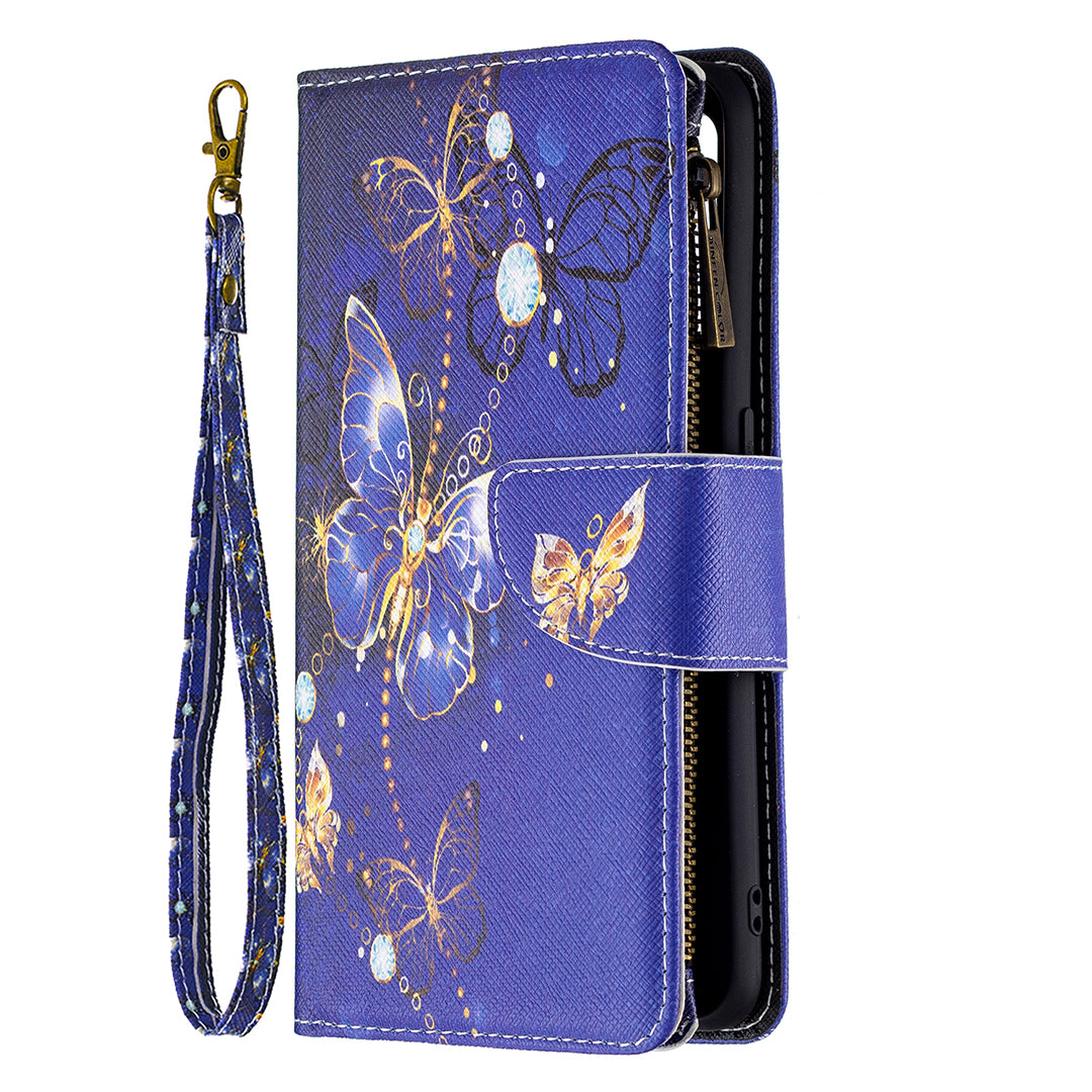 BF03 Zippered Wallet Design Pattern Printing Leather Stand Phone Cover with Wrist Strap for Oppo A74 4G/F19 4G