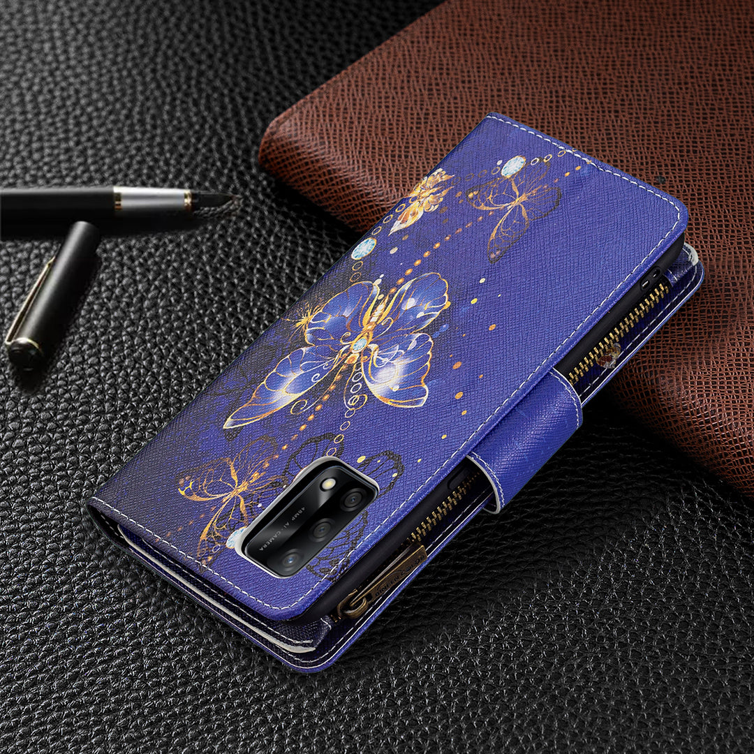 BF03 Zippered Wallet Design Pattern Printing Leather Stand Phone Cover with Wrist Strap for Oppo A74 4G/F19 4G