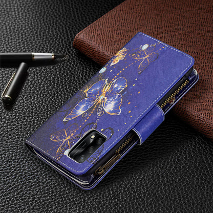 BF03 Zippered Wallet Design Pattern Printing Leather Stand Phone Cover with Wrist Strap for Oppo A74 4G/F19 4G