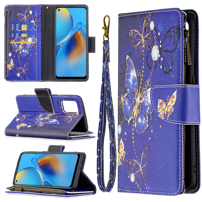 BF03 Zippered Wallet Design Pattern Printing Leather Stand Phone Cover with Wrist Strap for Oppo A74 4G/F19 4G