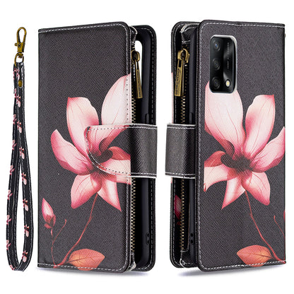 BF03 Zippered Wallet Design Pattern Printing Leather Stand Phone Cover with Wrist Strap for Oppo A74 4G/F19 4G