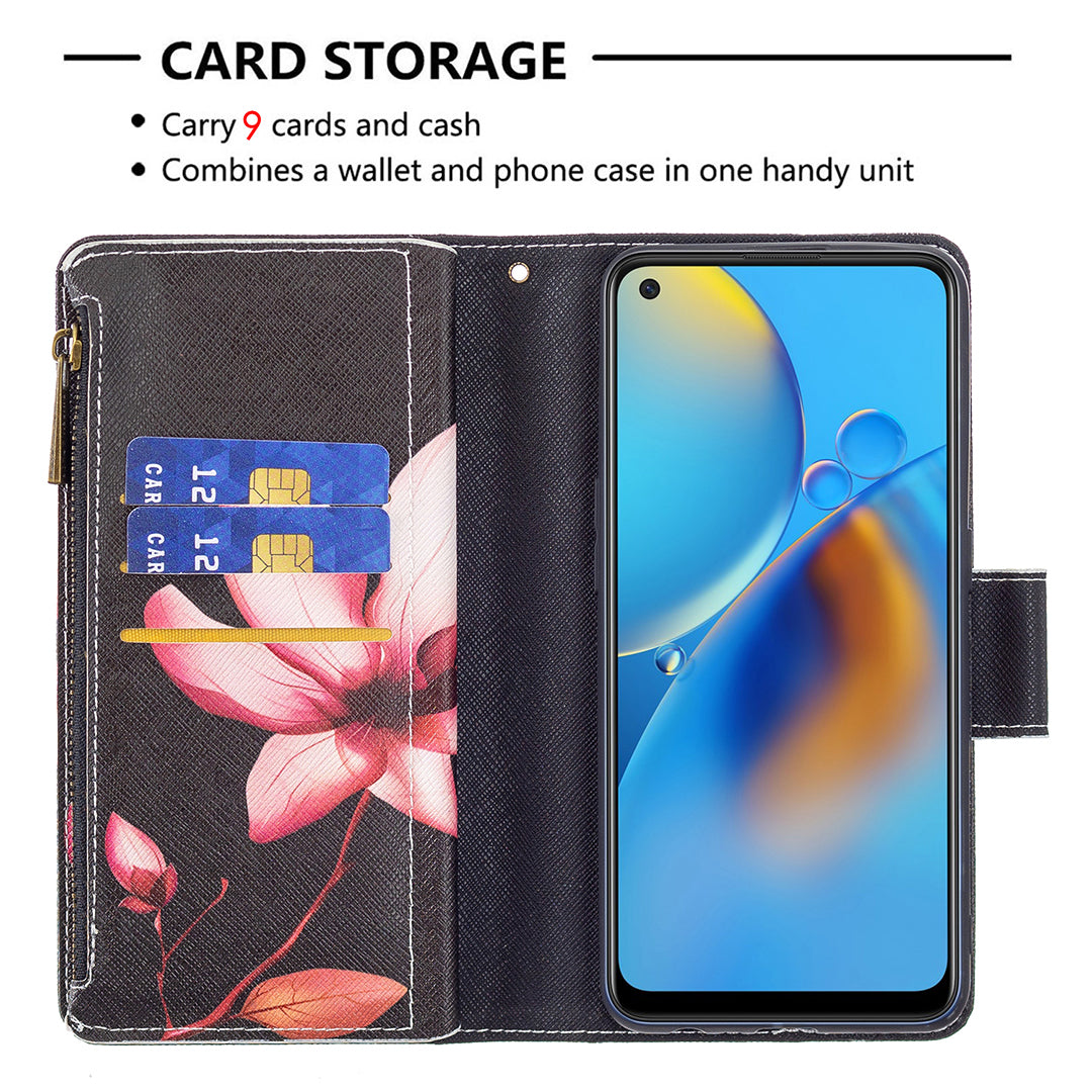 BF03 Zippered Wallet Design Pattern Printing Leather Stand Phone Cover with Wrist Strap for Oppo A74 4G/F19 4G