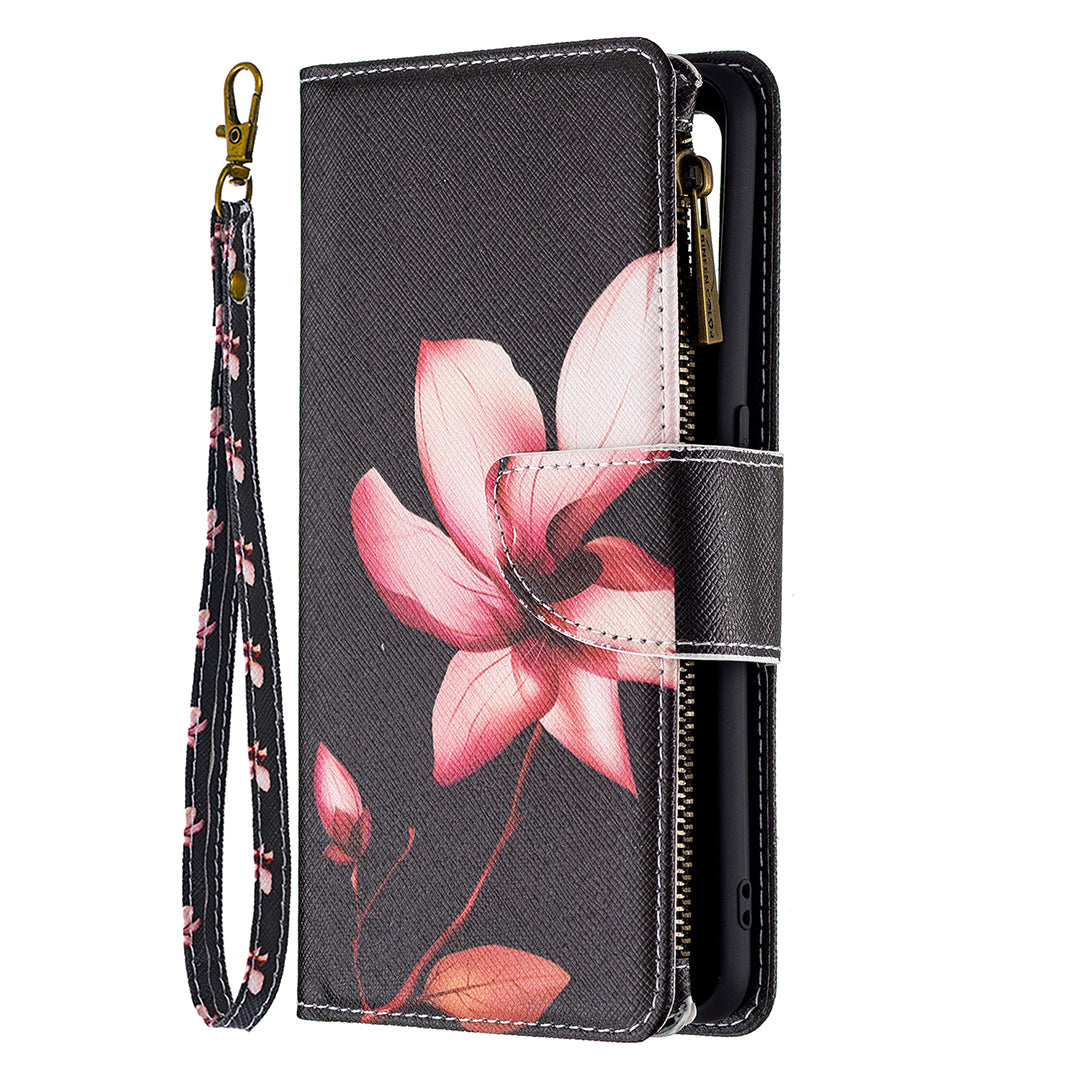 BF03 Zippered Wallet Design Pattern Printing Leather Stand Phone Cover with Wrist Strap for Oppo A74 4G/F19 4G