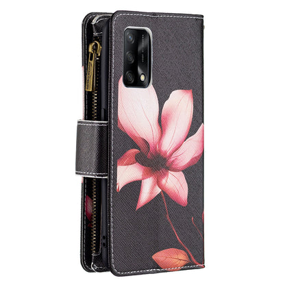 BF03 Zippered Wallet Design Pattern Printing Leather Stand Phone Cover with Wrist Strap for Oppo A74 4G/F19 4G