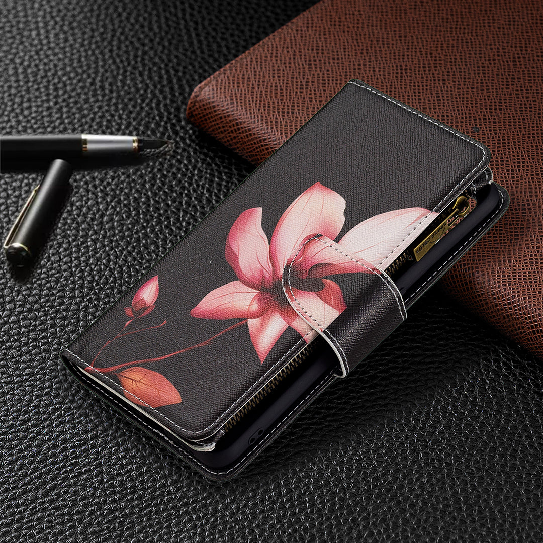 BF03 Zippered Wallet Design Pattern Printing Leather Stand Phone Cover with Wrist Strap for Oppo A74 4G/F19 4G